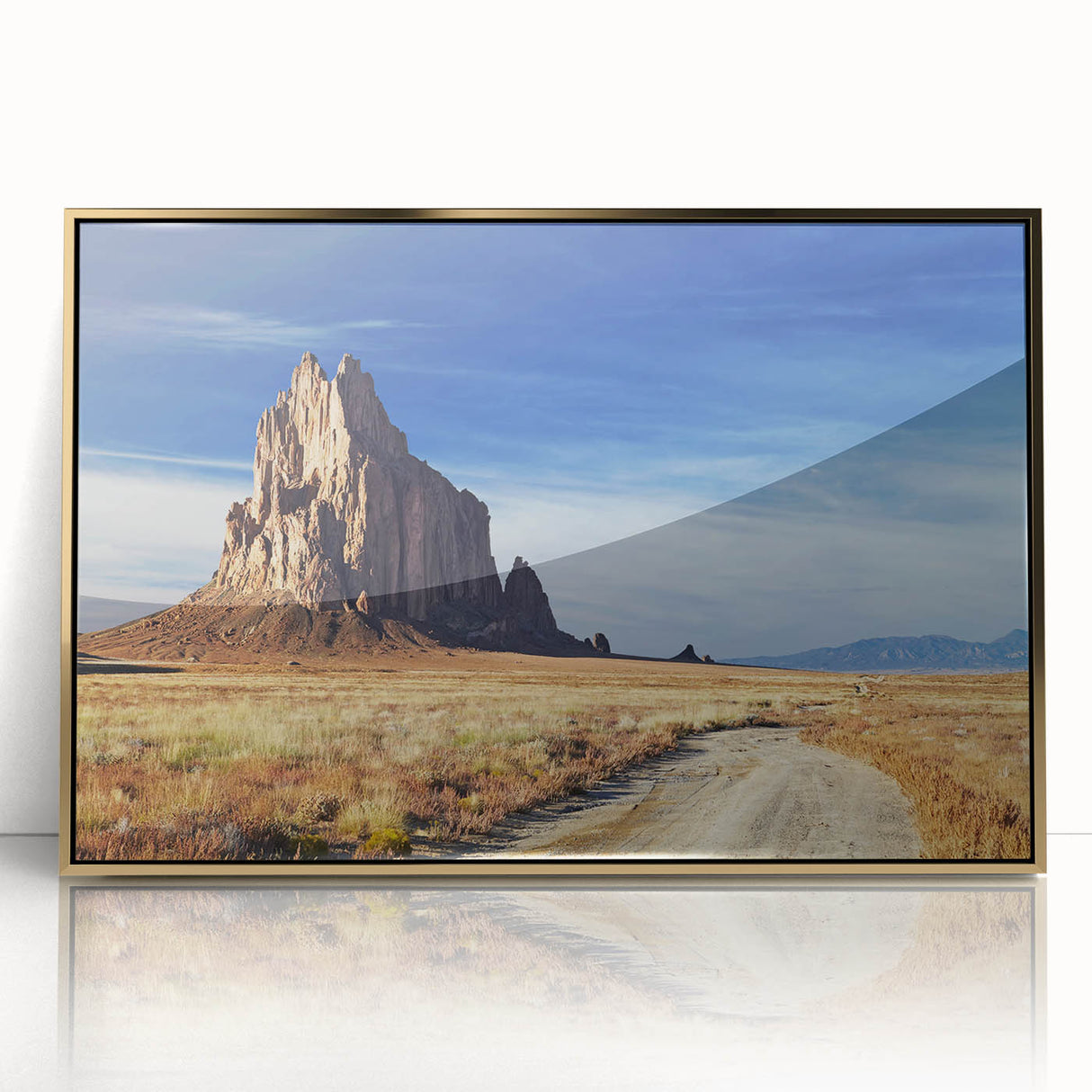 Large art print of a New Mexico landscape in muted earth tones on a framed acrylic, ideal for modern nursery wall decor.