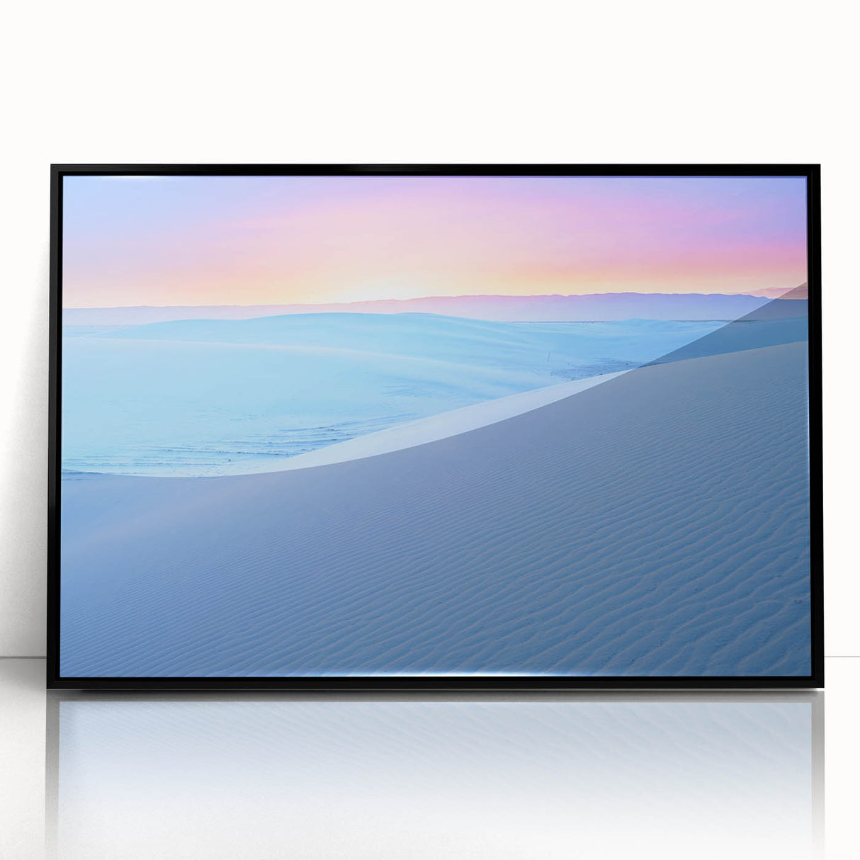 Large abstract wall art depicting the White Sands in New Mexico, with muted beige and white tones on framed acrylic.