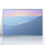 Acrylic print of White Sands in New Mexico with soft pastel shades, framed in white, suited for modern nursery decor.