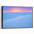 Framed canvas of a black and white New Mexico White Sands landscape, ideal for bedroom wall art.