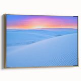 Framed canvas of White Sands, New Mexico landscape, in muted beige and white tones, ideal for bedroom wall art.