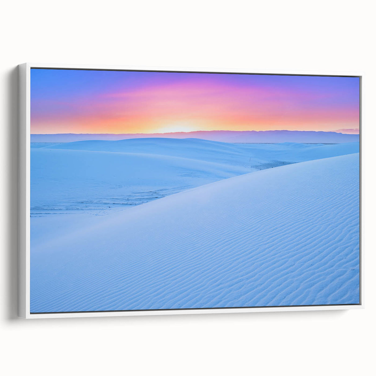 Vintage poster art of White Sands, New Mexico on a framed canvas, featuring a monochrome palette.