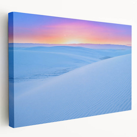 White Sands, New Mexico landscape on large stretched canvas with soft blue and white tones, ideal for kitchen wall art.