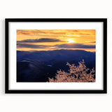 Abstract art print of Blue Ridge scenery in vibrant, colorful tones on a large framed canvas, ideal for living room decor.