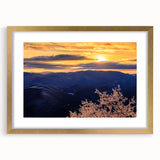 Extra large abstract art print of Blue Ridge scenery in North Carolina with textured gold frame, ideal for living room decor.