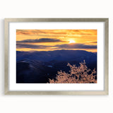 Textured art of the Blue Ridge Mountains in muted blues and greens on a framed silver mat, ideal for bedroom art.