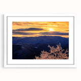Abstract art print of Blue Ridge Mountains in muted blue and green tones on a framed white mat.