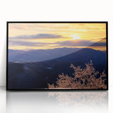 Large abstract wall art depicting the Blue Ridge Mountains in muted blue tones, framed in black acrylic.