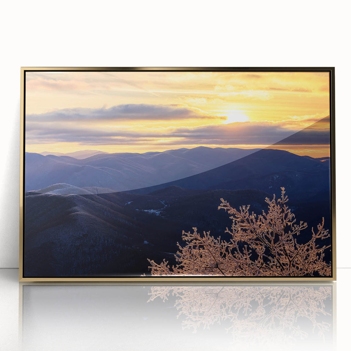 Large art print of Blue Ridge landscape in North Carolina, in mid-century modernist style with gold-framed acrylic.