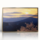 Large art print of Blue Ridge landscape in North Carolina, in mid-century modernist style with gold-framed acrylic.