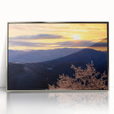 Mid-century modernist art depicting the Blue Ridge Mountains in cool blue and gray tones on a framed acrylic print.