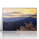 Acrylic print of Blue Ridge Mountains in North Carolina with soft blue and green tones, framed in white.