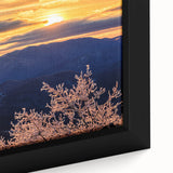 Framed canvas depicting the Blue Ridge Mountains in North Carolina, featuring a textured black foreground with vibrant.