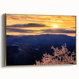 Framed canvas of Blue Ridge Mountains in North Carolina with a vintage poster style, featuring a gold frame.