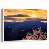 Vintage poster art of Blue Ridge, North Carolina on framed canvas, featuring colorful art with black accents.