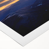 Art deco poster of Blue Ridge Mountains in muted blue and green shades on rolled canvas, suitable for dining room decor.