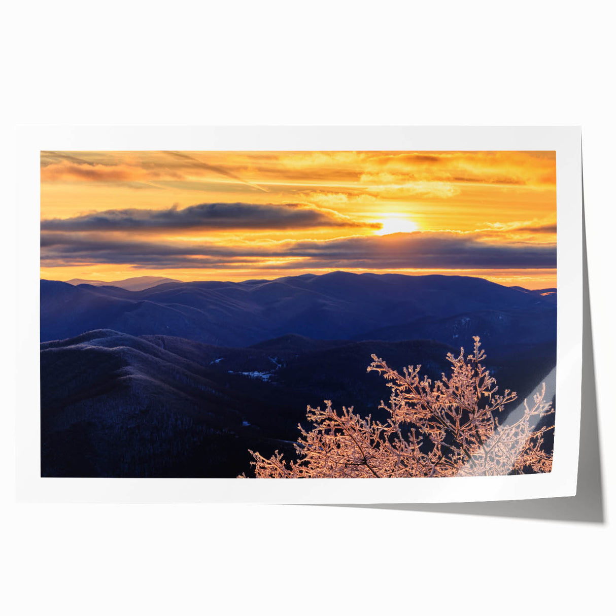 Blue Ridge mountain landscape in muted earth tones on a large rolled canvas, suitable for dining room decor.