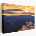 Large stretched canvas featuring a serene Blue Ridge mountain landscape in soft blue and green tones.