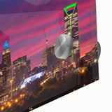 Large abstract wall art of Charlotte skyline in mid-century modernist style on acrylic glass, ideal for dining room ambiance.