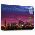 Acrylic print of Charlotte skyline in muted gray and blue tones, suitable for bedroom or dining room decor.