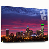 Acrylic print of a large abstract depiction of the Charlotte skyline in cool blue and gray tones.