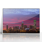 Acrylic print of Charlotte skyline in art deco style with muted gray and blue tones, ideal for modern art wall decor.