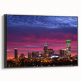 Black and white framed canvas of the Charlotte skyline, featuring vintage poster art style, ideal for bedroom wall decor.