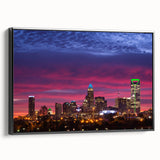 Black and white framed canvas of the Charlotte skyline, featuring vintage poster art style, ideal for bedroom wall decor.