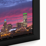 Extra large framed canvas of a textured, colorful depiction of the Charlotte skyline, ideal for living room decor.