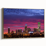 Framed canvas of Charlotte, North Carolina skyline in muted gold and black tones, ideal for bedroom wall decor.