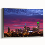Framed canvas of a vintage-style Charlotte, North Carolina landscape with colorful art on a black background.