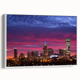 Vintage poster art of Charlotte skyline in vibrant colors on a large framed canvas, ideal for living room decor.