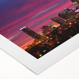 Art deco poster of Charlotte skyline in muted gray and blue tones on rolled canvas, suitable for dining room wall art.