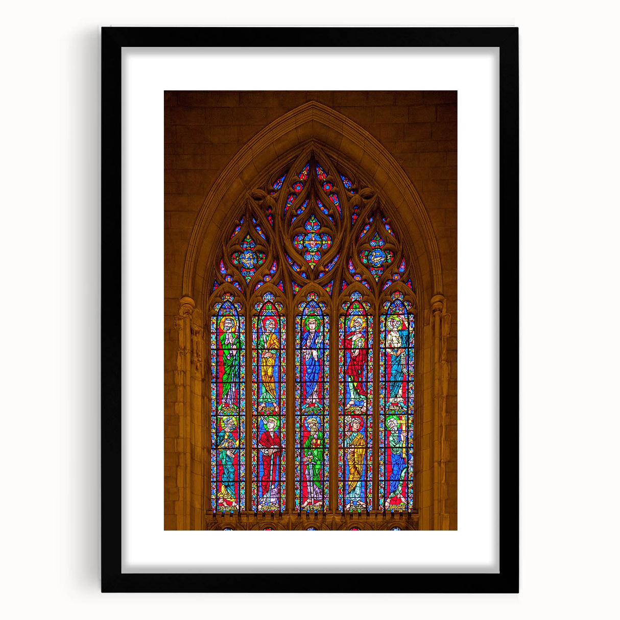 Abstract art print of Durham cityscape in vibrant colors on a large canvas, framed in black, suitable for living room decor.