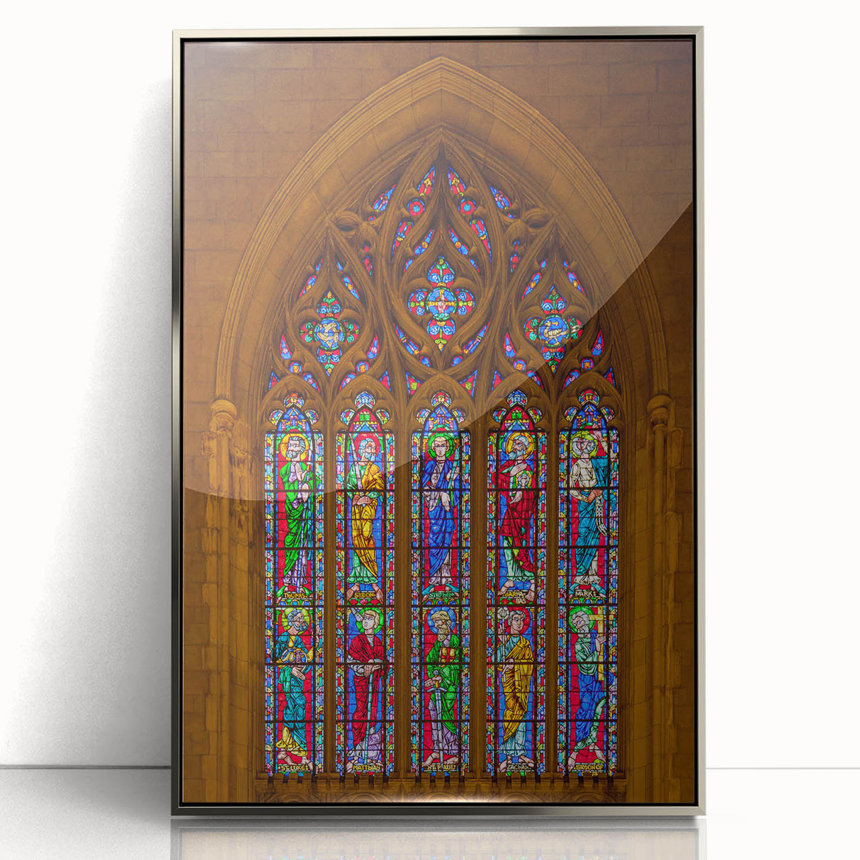 Mid-century modernist art depicting Durham, North Carolina skyline in acrylic print with silver frame.
