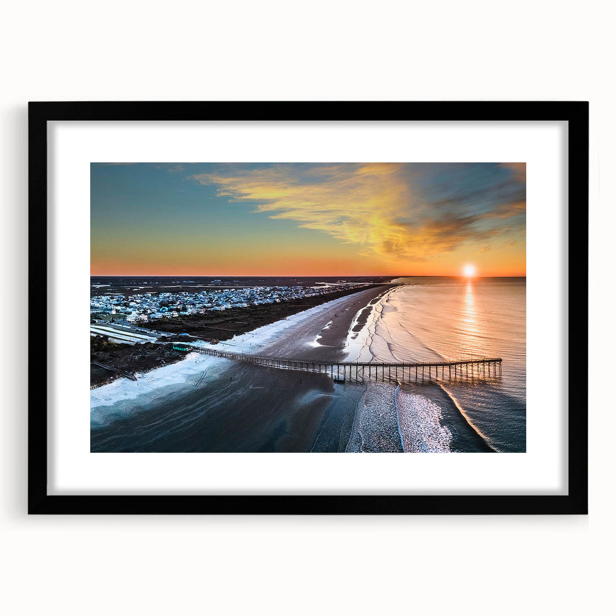 Colorful abstract art print of Outer Banks scenery in vibrant hues on a large framed canvas, ideal for living room decor.