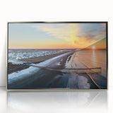 Mid-century modernist art of Outer Banks with muted blue and silver tones on framed acrylic, suitable for nursery wall decor.