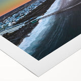 Art deco poster featuring the Outer Banks in muted blue and beige tones, printed on rolled canvas.