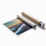 Rolled print of the Outer Banks with soft pink and blue sky, ideal for classy bathroom wall art.