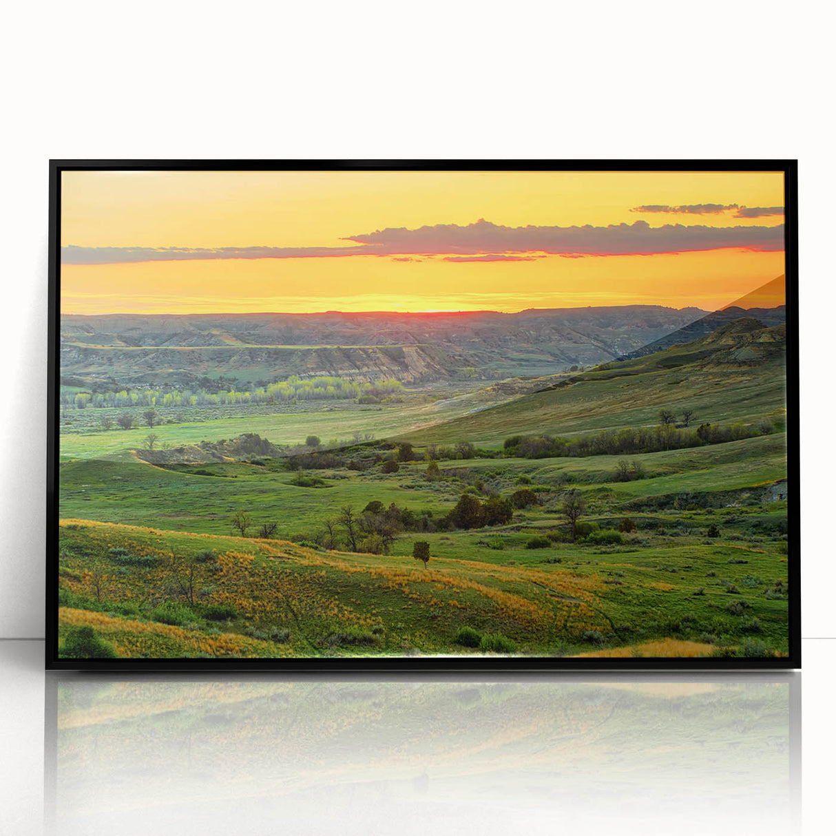 Large abstract wall art depicting North Dakota scenery in mid-century modernist style, framed in black acrylic.