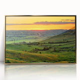 Large art print of a North Dakota landscape in mid-century modernist style, framed in acrylic with gold tones.