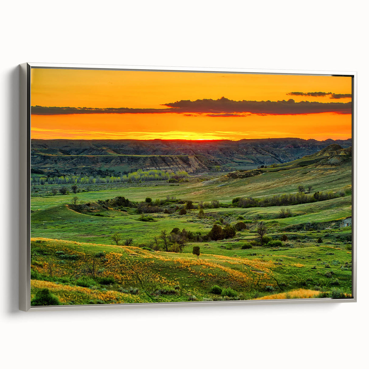 Landscape art painting of North Dakota scenery on a framed canvas, featuring colorful art with black accents.