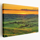 Large art depicting a North Dakota landscape on stretched canvas, featuring muted earth tones, ideal for kitchen wall art.