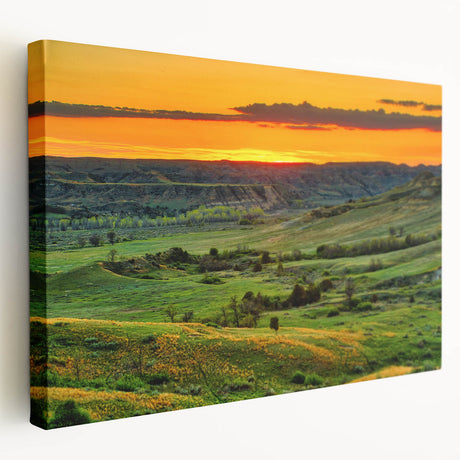 Large art depicting a North Dakota landscape on stretched canvas, featuring muted earth tones, ideal for kitchen wall art.