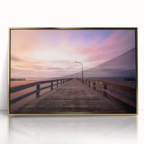 Framed acrylic print of a Long Island scenery in mid-century modernist style, featuring muted earth tones.