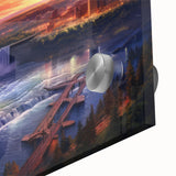 Large abstract depiction of Niagara Falls in muted blue and green tones on acrylic glass, suitable for dining room art.