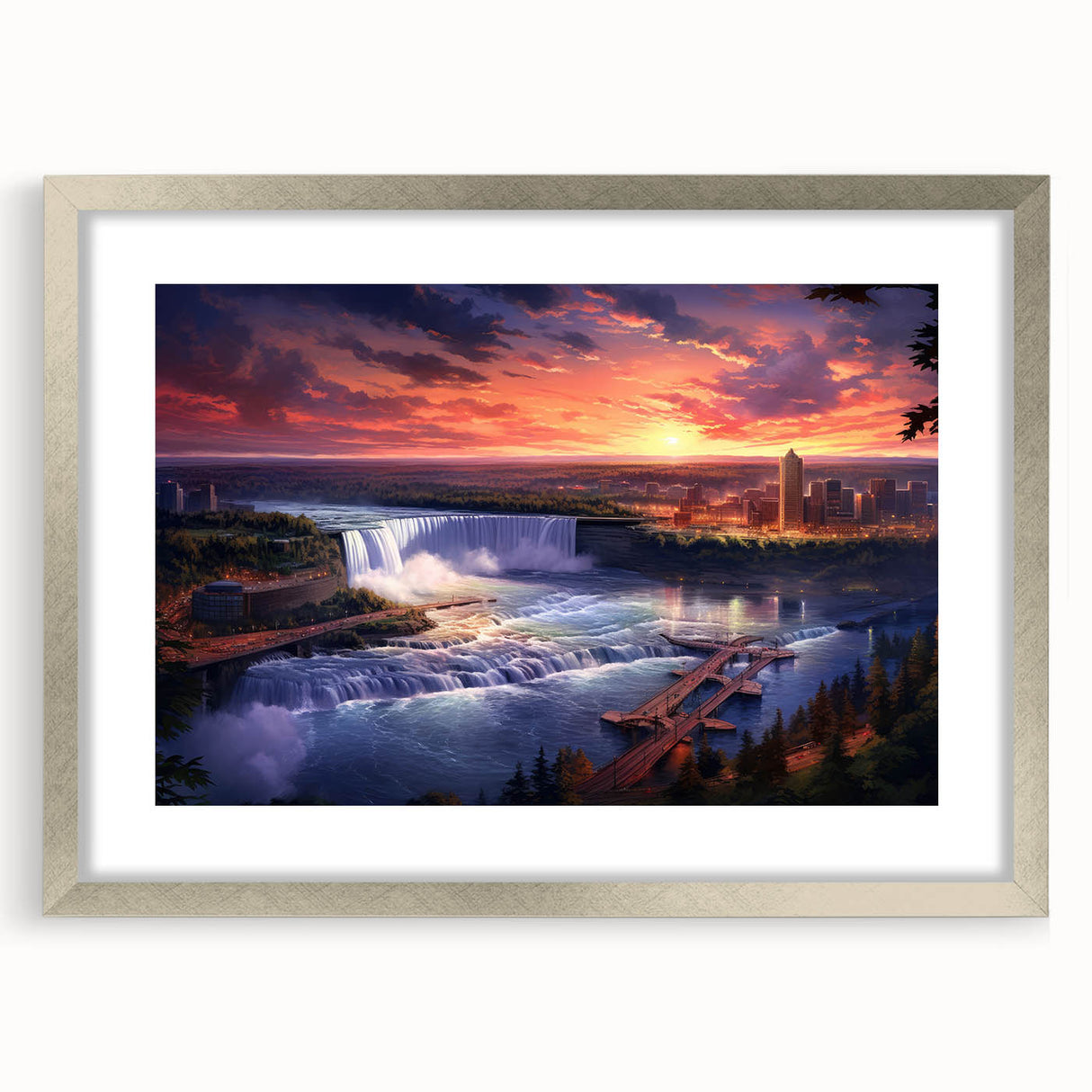 Textured abstract art print of Niagara Falls in muted blue and gray tones on a framed canvas, suitable for bedroom decor.