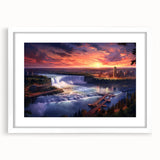 Abstract art print of Niagara Falls in muted blue and green tones on a framed white mat, ideal for dining room decor.