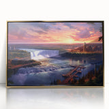Acrylic print of Niagara Falls in mid-century modernist style with gold frame, ideal for modern art wall decor.