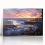 Mid-century modernist art depicting Niagara Falls in muted blue tones, framed in silver acrylic.